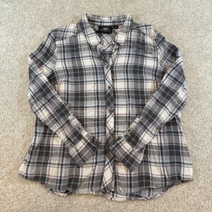 VTG Y@K Harley Davidson Womens Plaid Button Down Shirt Grey Black XL Logo Top